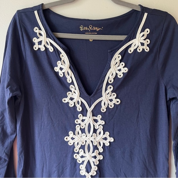 Lilly Pulitzer Navy blue tunic dress small Pima cotton 3/4 sleeve embroidered - Picture 2 of 11